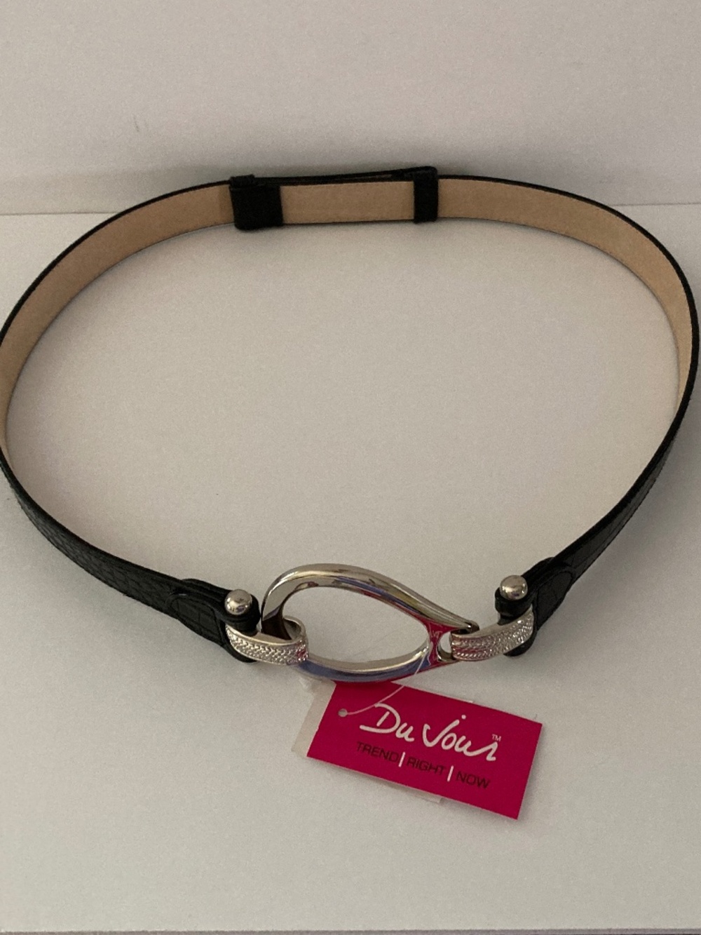 DuJour Black Croco Embossed Skinny Belt/Silver Tone Oval Buckle/M/L/24-39"/NWT!